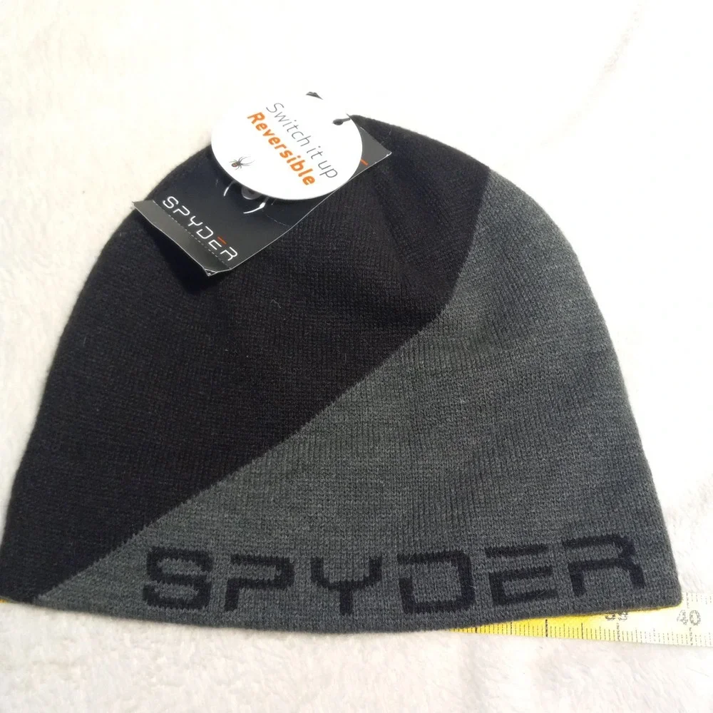 Black and Grey Knit Hat Skate Grunge Beanie Punk with Black Spider tag logo!